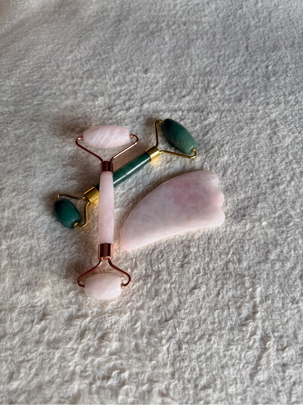 Rose Quartz & Jade Facial Roller Set + Rose Quartz Gua Sha Beauty Tools